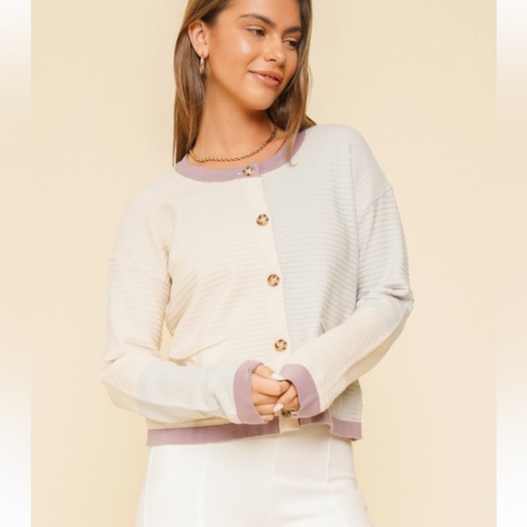 🆕Color Block Button Down Cardigan W/Pockets Matching Cami Top Cream Purple Gray - Picture 7 of 10